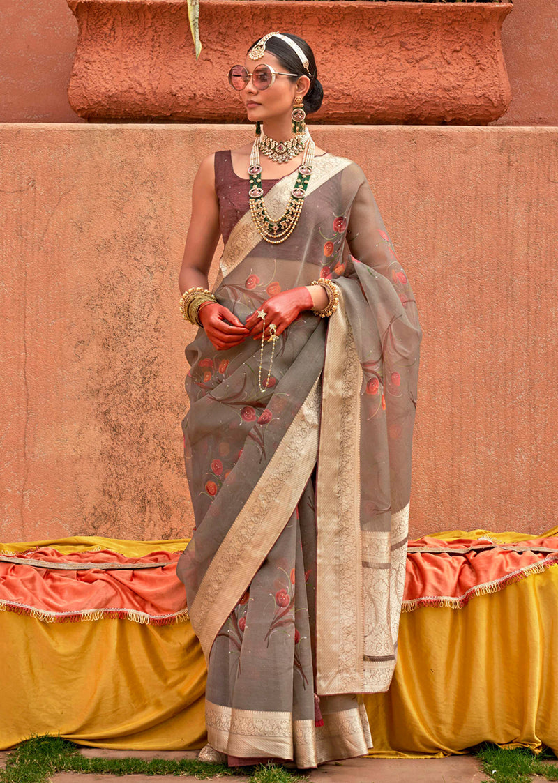 Monjolika Fashion Organza Printed Grey Contemporary Saree | Grocsy