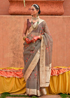 Monjolika Fashion Organza Printed Grey Contemporary Saree | Grocsy