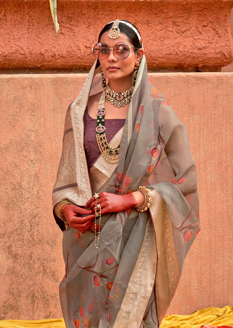 Monjolika Fashion Organza Printed Grey Contemporary Saree | Grocsy