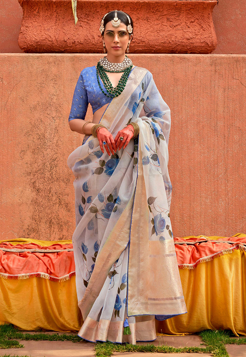 Monjolika Fashion Organza Printed Aqua Blue Contemporary Saree | Grocsy