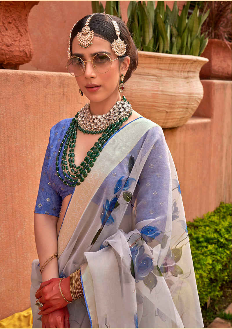 Monjolika Fashion Organza Printed Aqua Blue Contemporary Saree | Grocsy