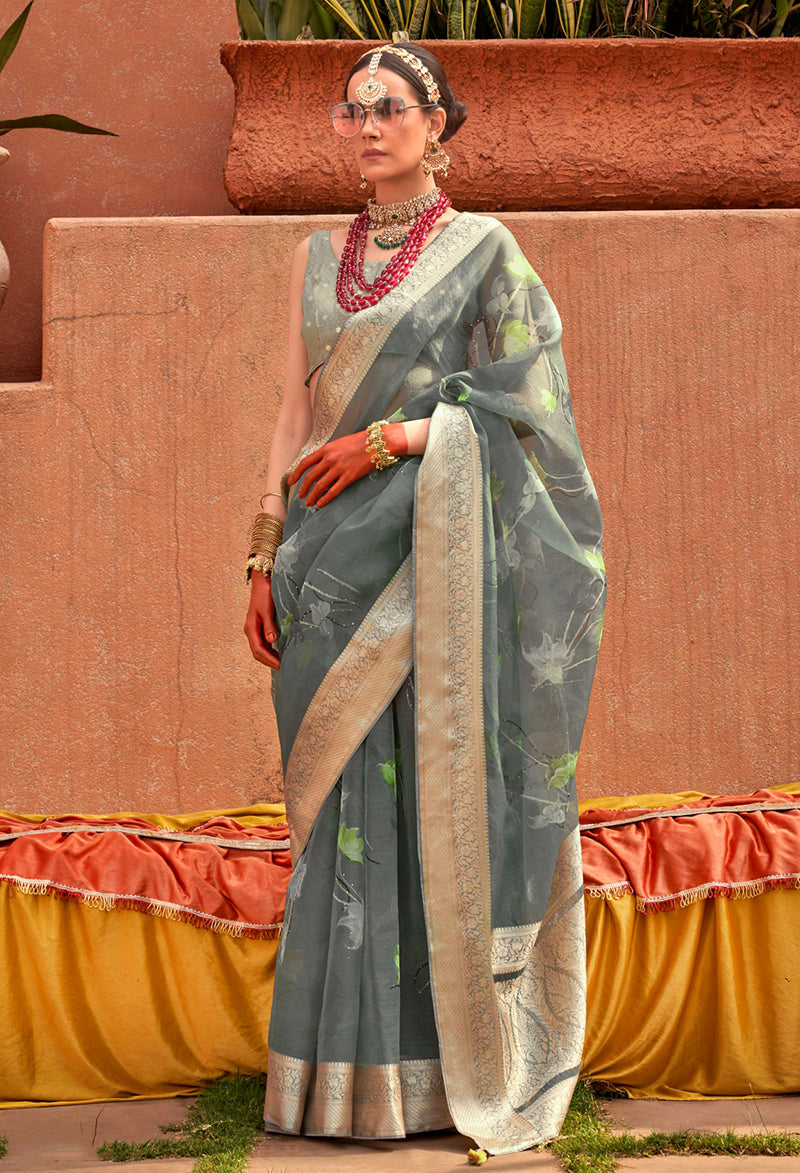 Monjolika Fashion Organza Printed Sea Green Contemporary Saree | Grocsy