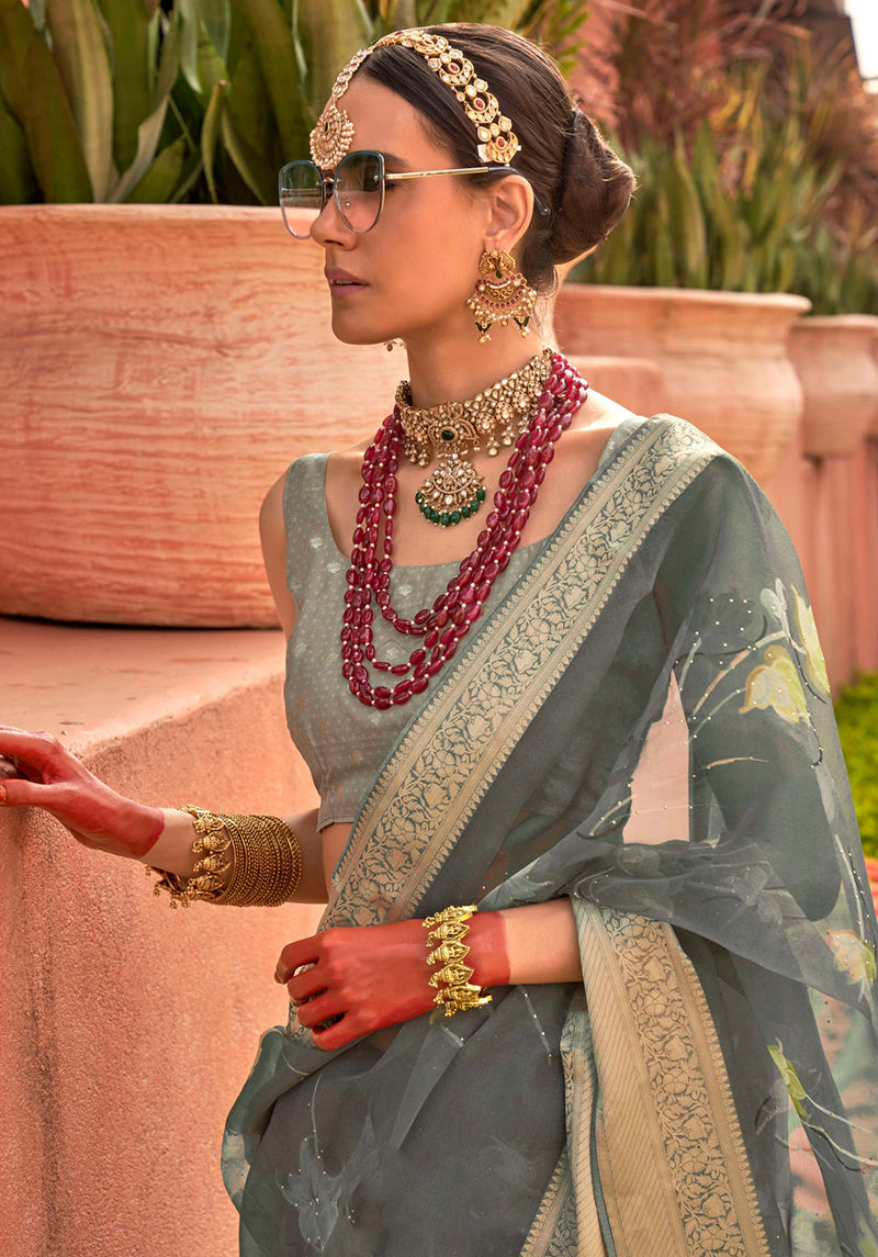 Monjolika Fashion Organza Printed Sea Green Contemporary Saree | Grocsy