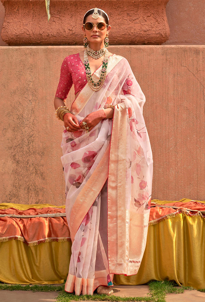 Monjolika Fashion Organza Printed Light Pink Contemporary Saree | Grocsy