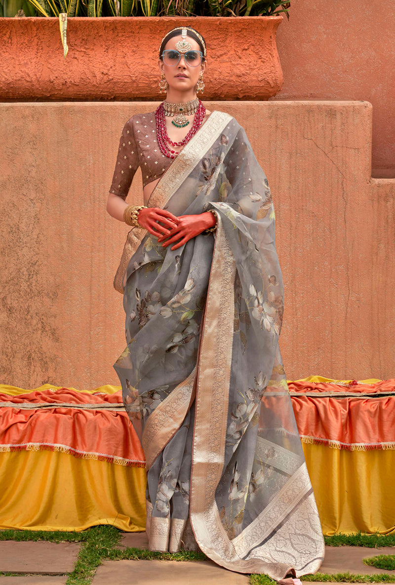 Monjolika Fashion Organza Printed Grey Contemporary Saree | Grocsy