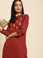 All About You Women Red Floral Embroidered Regular Thread Work Kurta with Trousers | Grocsy