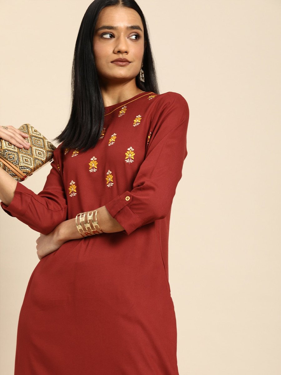 All About You Women Red Floral Embroidered Regular Thread Work Kurta with Trousers | Grocsy