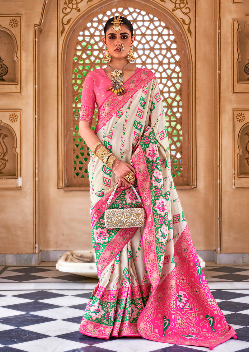 Monjolika Fashion Weaving White Banarasi Silk Contemporary Saree | Grocsy