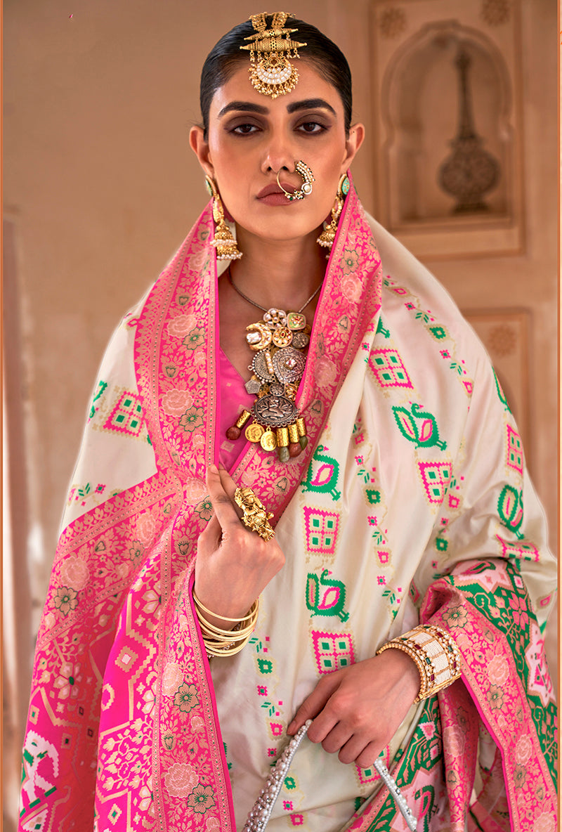 Monjolika Fashion Weaving White Banarasi Silk Contemporary Saree | Grocsy