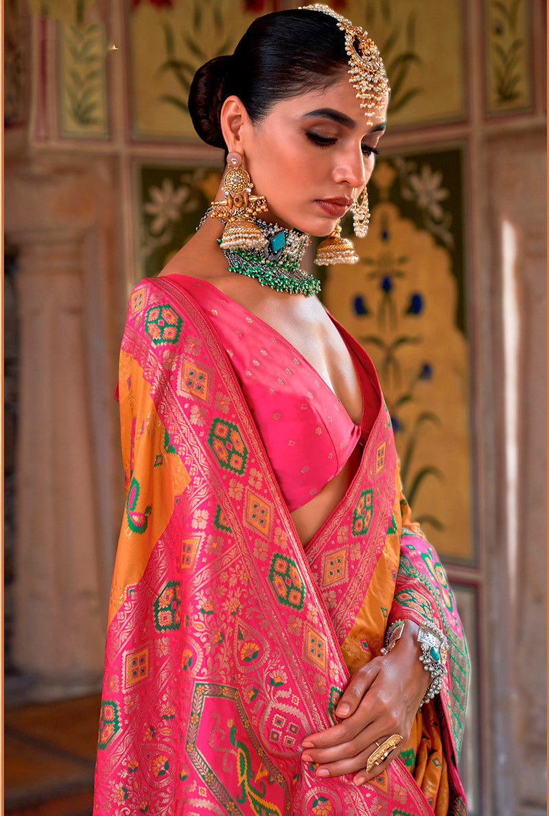 Monjolika Fashion Banarasi Silk Weaving Mustard Classic Saree | Grocsy