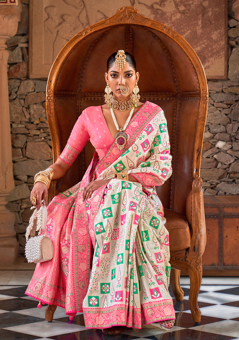 Monjolika Fashion White Banarasi Silk Weaving Traditional Saree | Grocsy