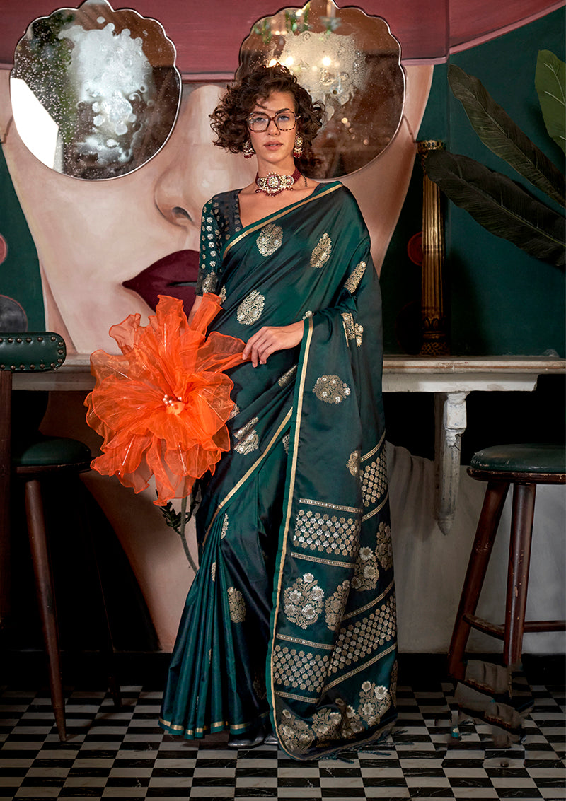 Monjolika Fashion Weaving Zari Pure Satin Silk Traditional Saree In Dark Green | Grocsy