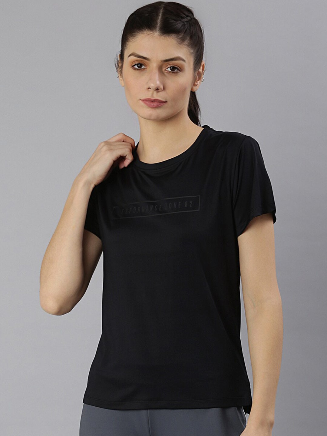 MKH Women Black Typography Dri-FIT Polyester Round Neck Sports T-shirt | Grocsy