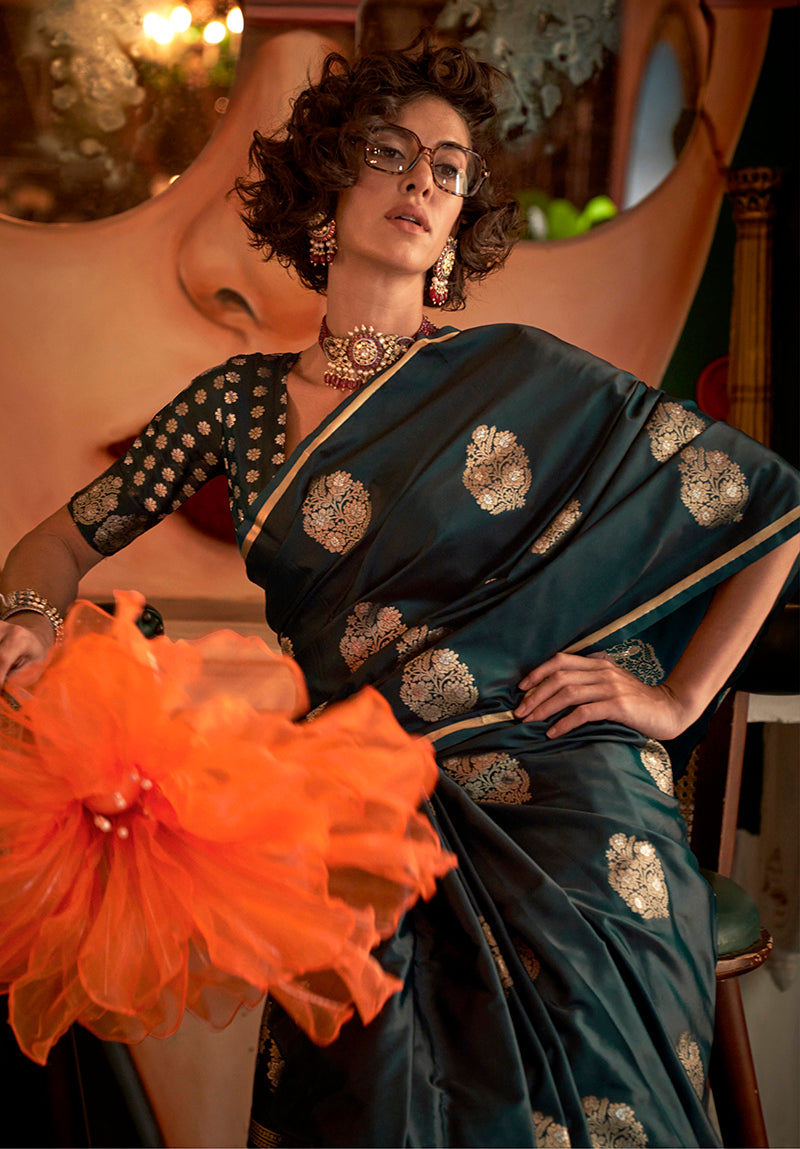 Monjolika Fashion Weaving Zari Pure Satin Silk Traditional Saree In Dark Green | Grocsy
