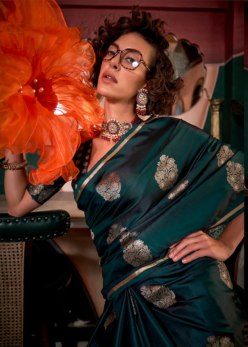 Monjolika Fashion Weaving Zari Pure Satin Silk Traditional Saree In Dark Green | Grocsy