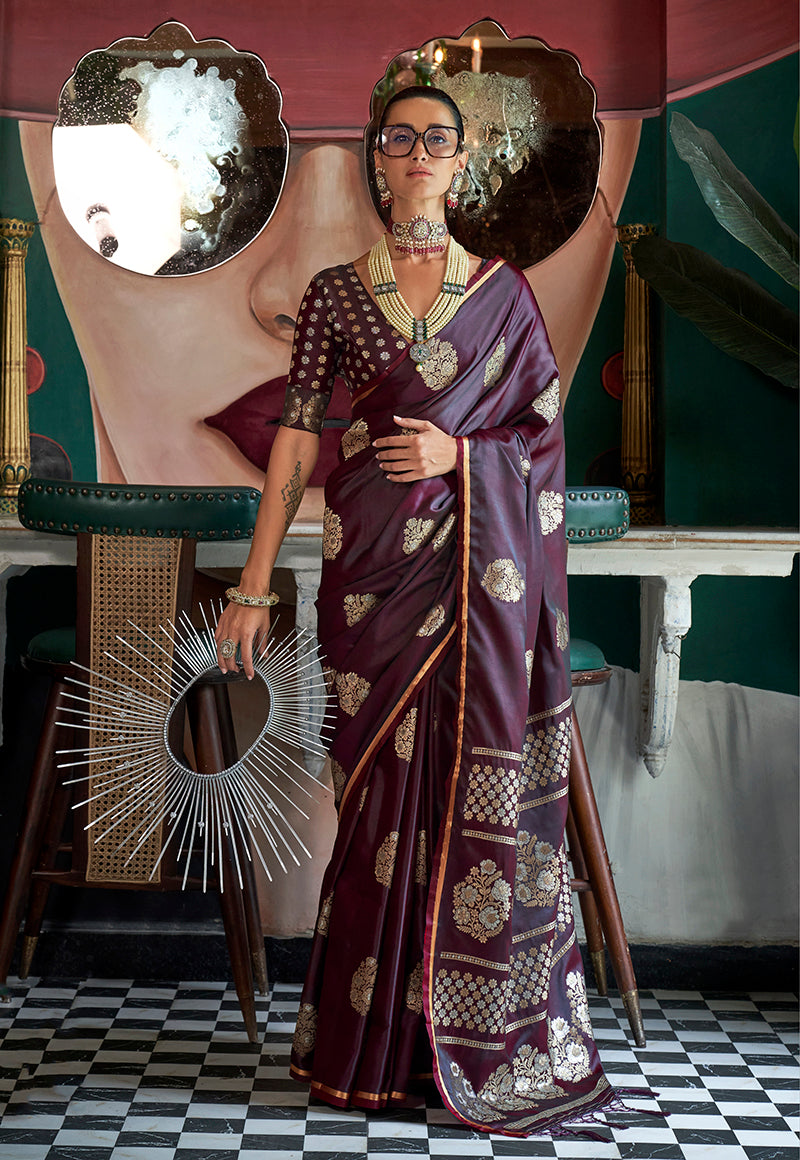 Monjolika Fashion Wine Weaving Zari Pure Satin Silk Designer Saree | Grocsy