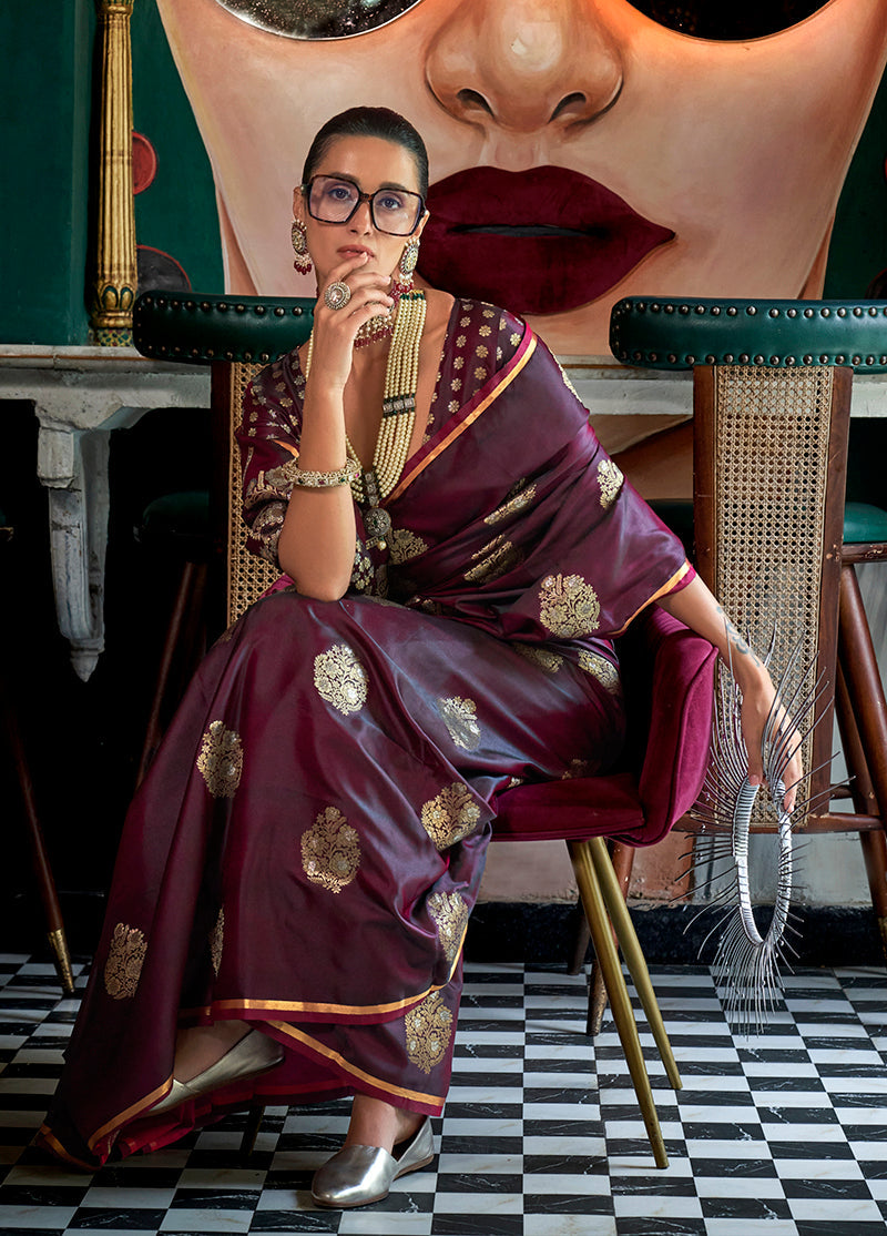 Monjolika Fashion Wine Weaving Zari Pure Satin Silk Designer Saree | Grocsy