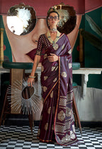 Monjolika Fashion Wine Weaving Zari Pure Satin Silk Designer Saree | Grocsy