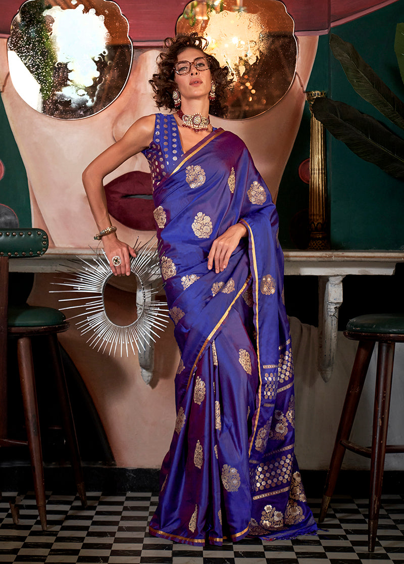 Monjolika Fashion Purple Pure Satin Silk Weaving Zari Classic Saree | Grocsy