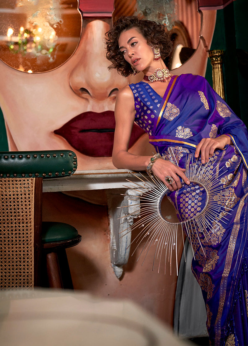 Monjolika Fashion Purple Pure Satin Silk Weaving Zari Classic Saree | Grocsy