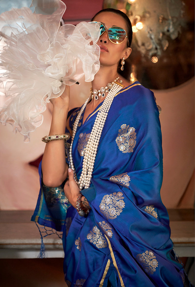 Monjolika Fashion Pure Satin Silk Weaving Zari Traditional Saree In Blue | Grocsy