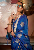 Monjolika Fashion Pure Satin Silk Weaving Zari Traditional Saree In Blue | Grocsy