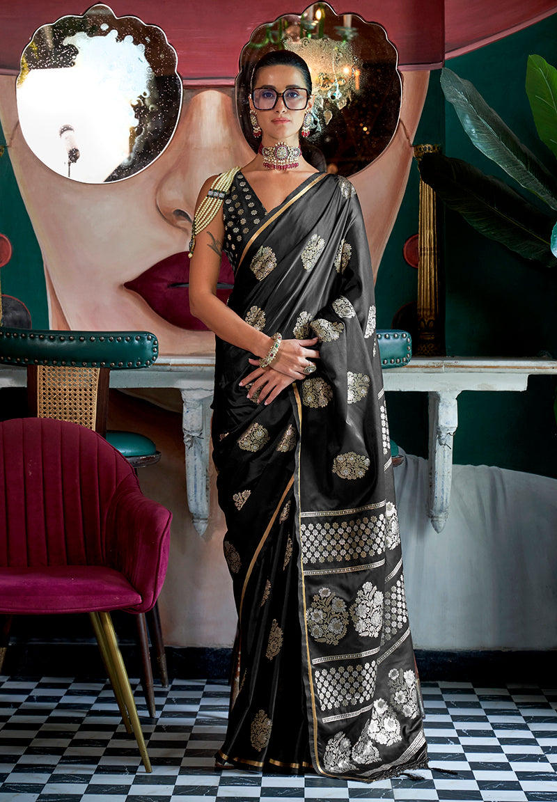 Monjolika Fashion Pure Satin Silk Black Weaving Zari Contemporary Saree | Grocsy