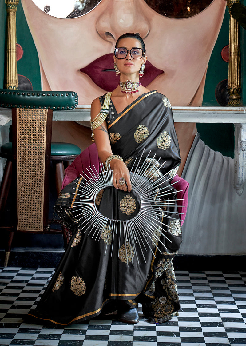 Monjolika Fashion Pure Satin Silk Black Weaving Zari Contemporary Saree | Grocsy