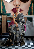 Monjolika Fashion Pure Satin Silk Black Weaving Zari Contemporary Saree | Grocsy