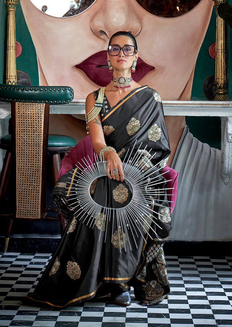 Monjolika Fashion Pure Satin Silk Black Weaving Zari Contemporary Saree | Grocsy