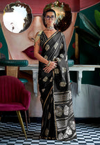 Monjolika Fashion Pure Satin Silk Black Weaving Zari Contemporary Saree | Grocsy
