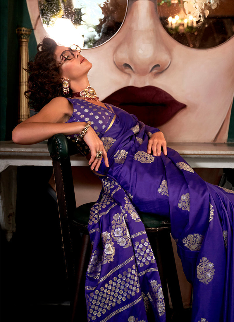 Monjolika Fashion Weaving Zari Pure Satin Silk Classic Saree In Purple | Grocsy