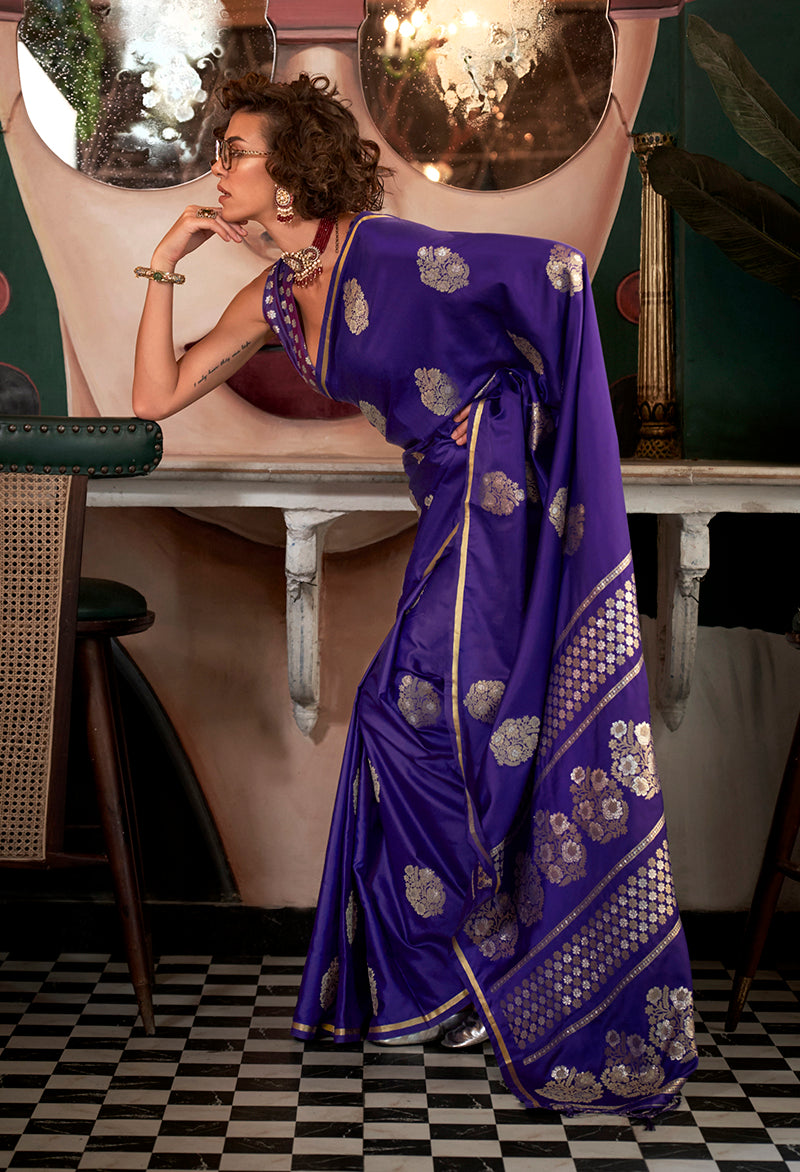 Monjolika Fashion Weaving Zari Pure Satin Silk Classic Saree In Purple | Grocsy