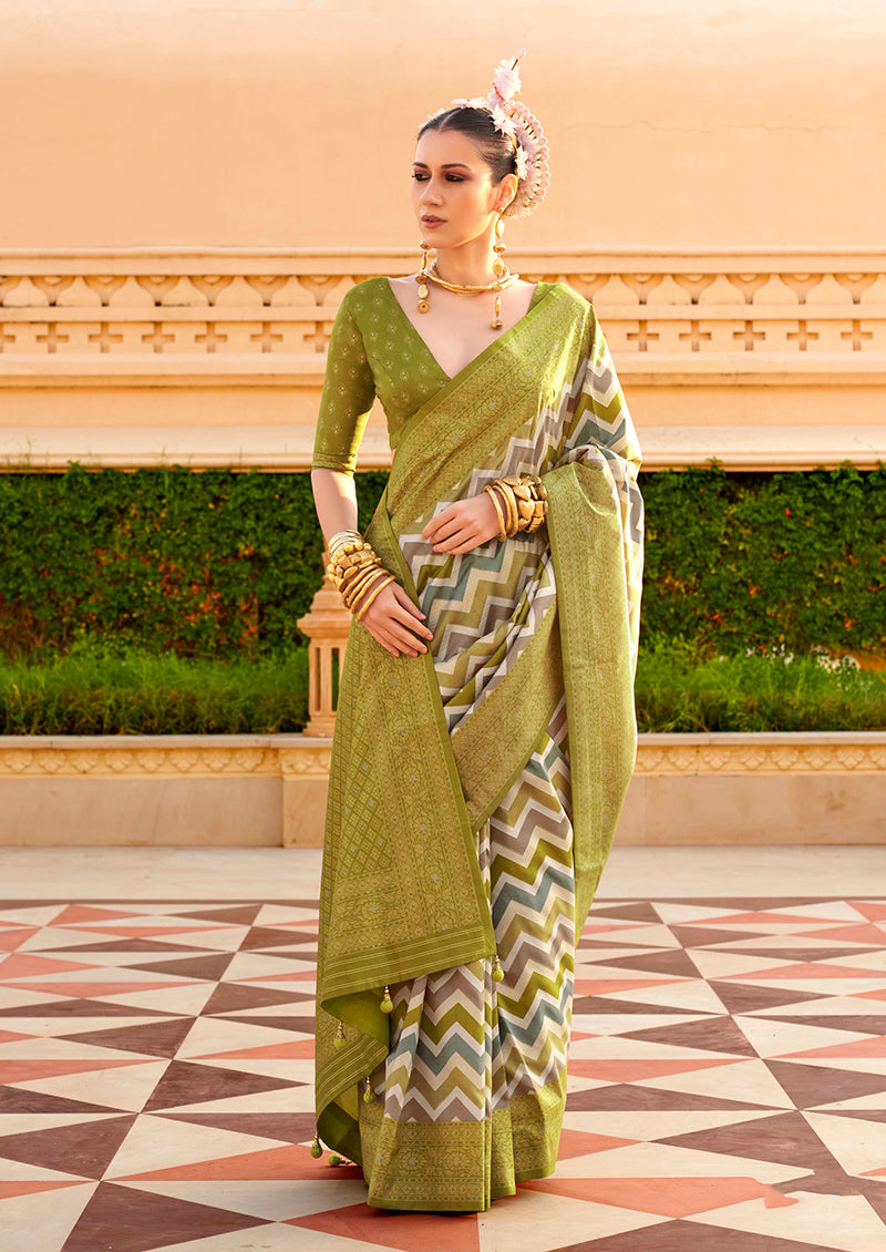 Monjolika Fashion Silk Olive Foil Print Classic Saree | Grocsy
