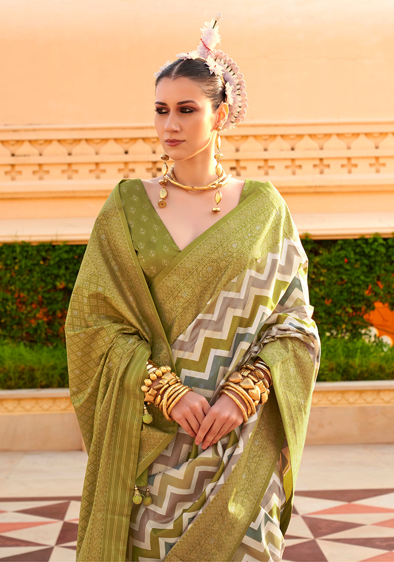 Monjolika Fashion Silk Olive Foil Print Classic Saree | Grocsy