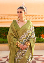 Monjolika Fashion Silk Olive Foil Print Classic Saree | Grocsy