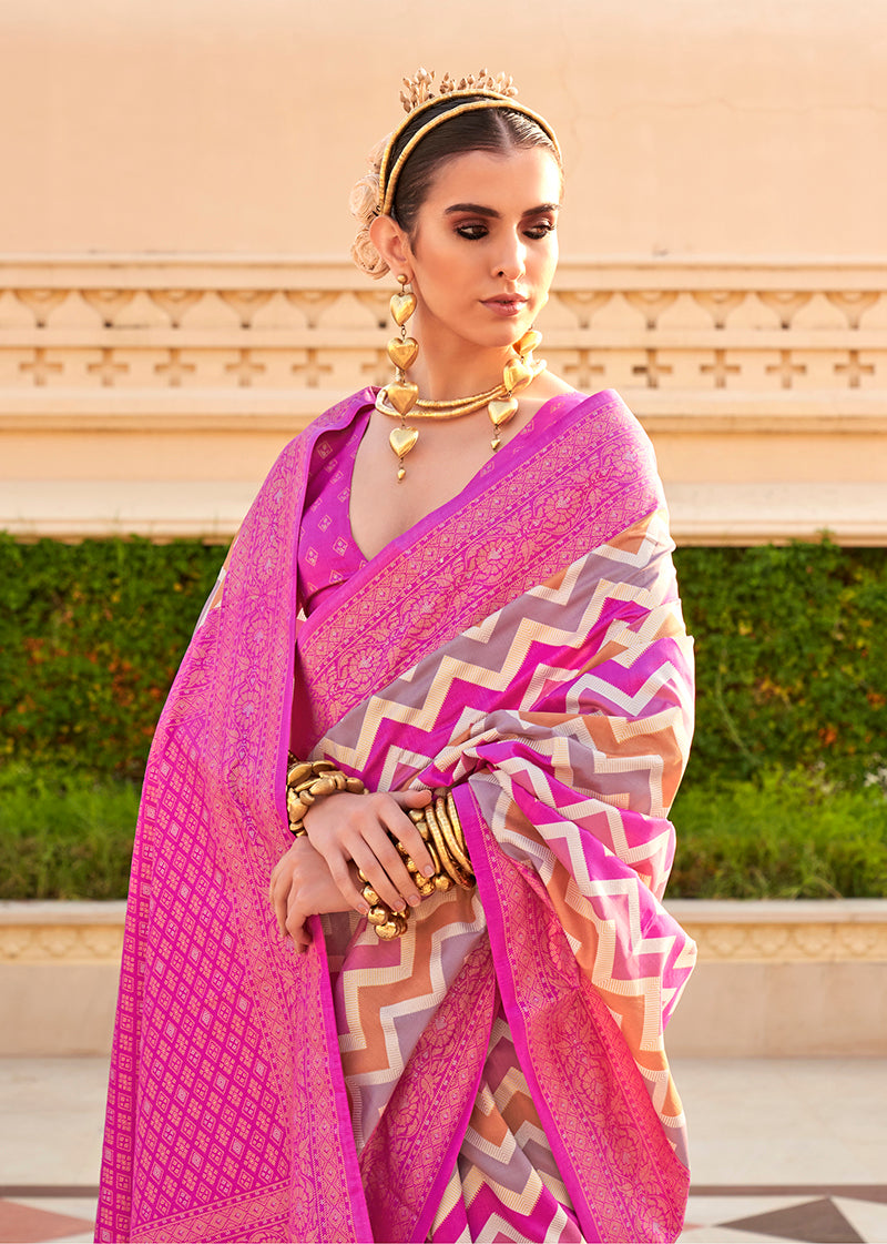 Monjolika Fashion Silk Magenta Foil Print Contemporary Saree | Grocsy