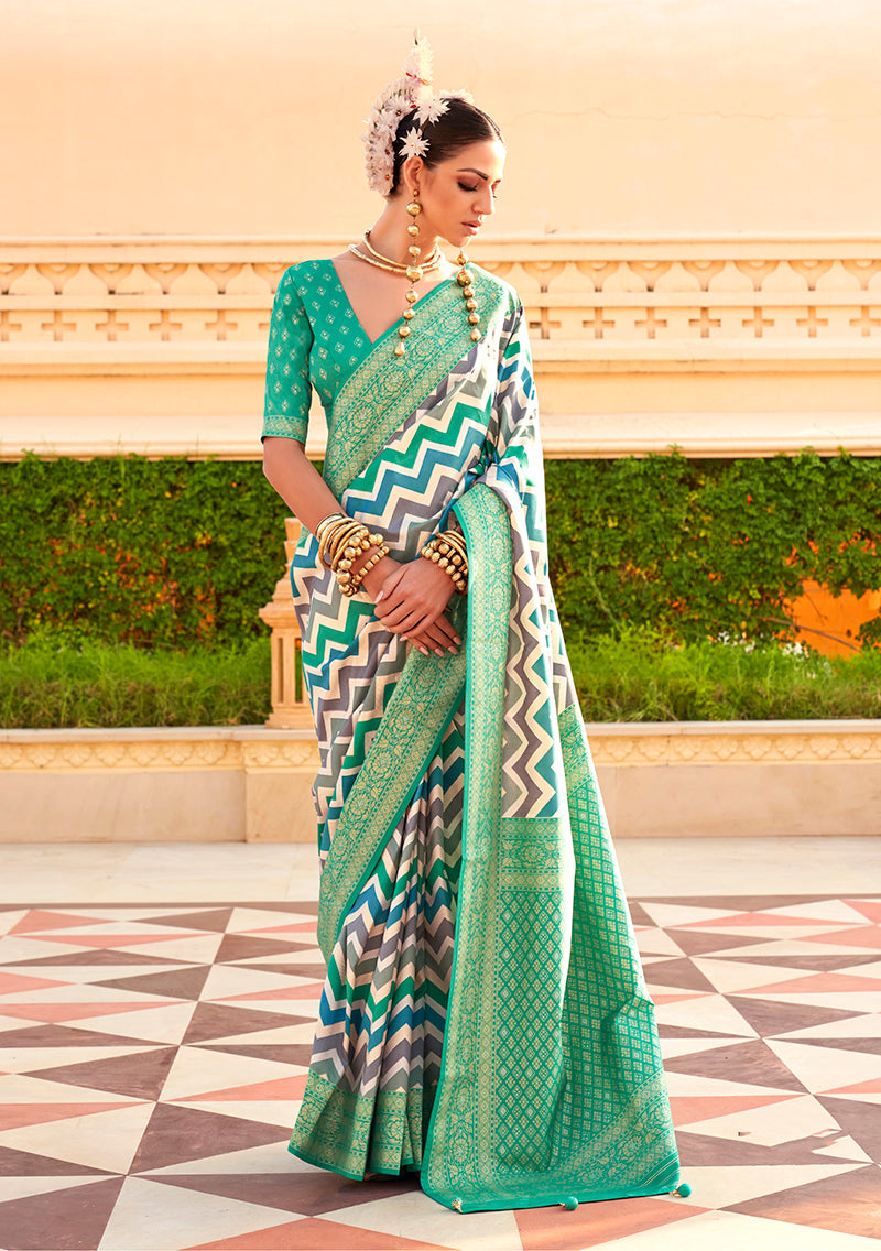 Monjolika Fashion Silk Turquoise Color Foliage Prints Saree | Grocsy
