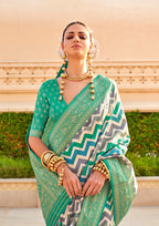 Monjolika Fashion Silk Turquoise Color Foliage Prints Saree | Grocsy