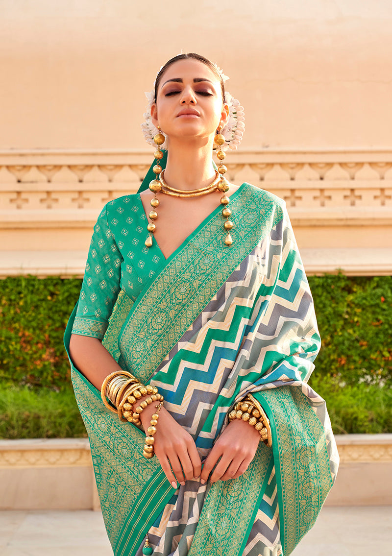 Monjolika Fashion Silk Turquoise Color Foliage Prints Saree | Grocsy
