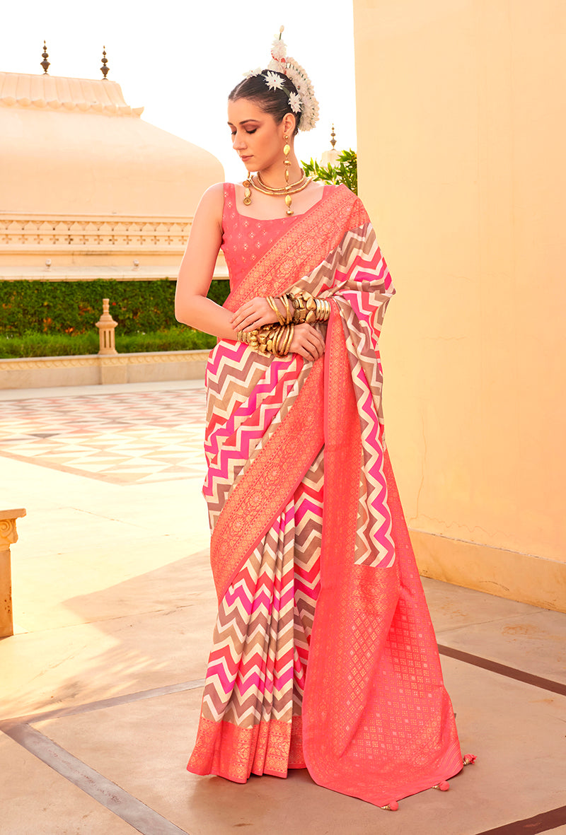 Monjolika Fashion Silk Peach Foil Print Trendy Saree | Grocsy