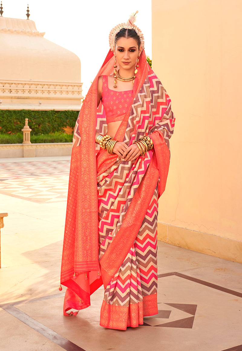 Monjolika Fashion Silk Peach Foil Print Trendy Saree | Grocsy