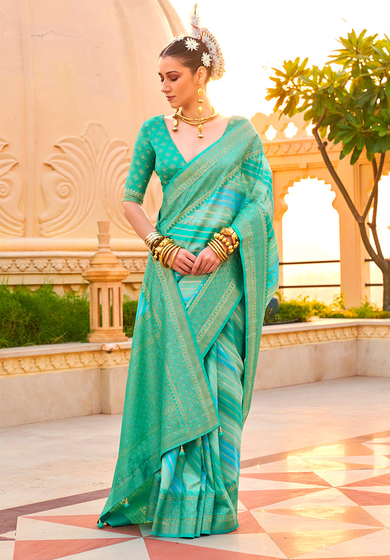 Monjolika Fashion Foil Print Turquoise Contemporary Silk Saree | Grocsy