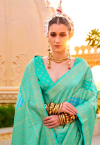 Monjolika Fashion Foil Print Turquoise Contemporary Silk Saree | Grocsy