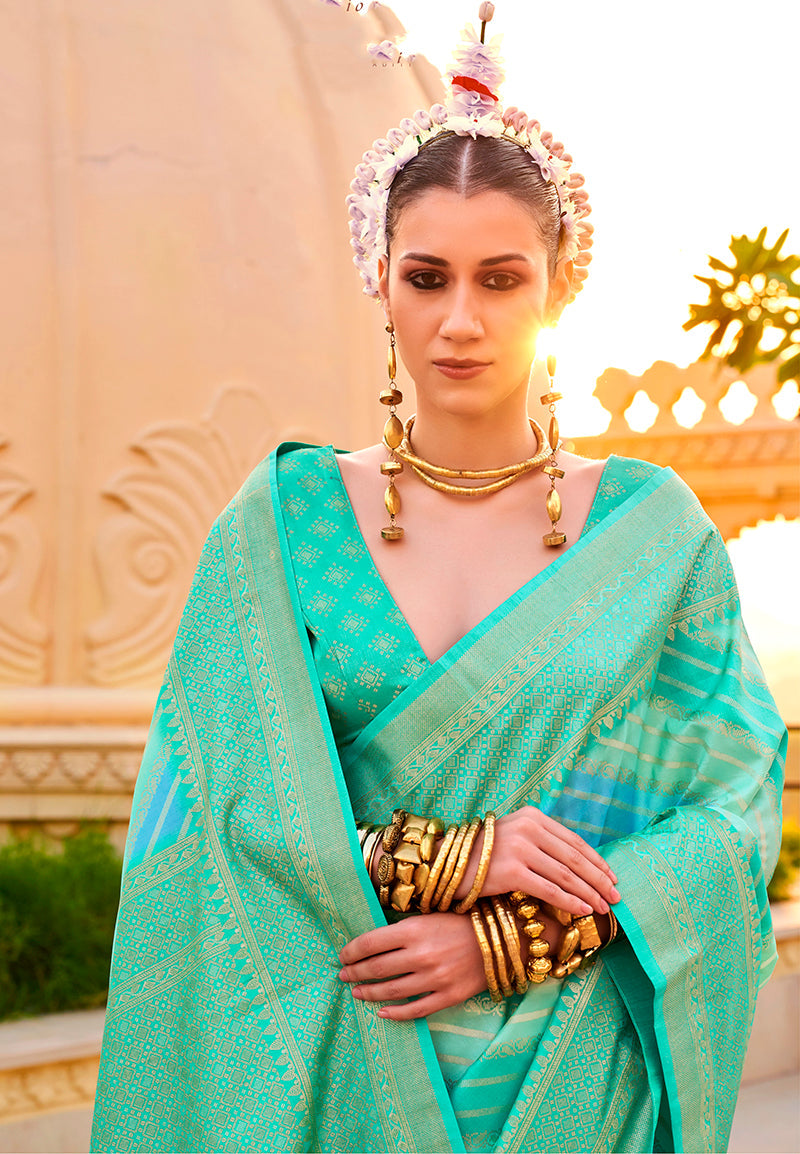 Monjolika Fashion Foil Print Turquoise Contemporary Silk Saree | Grocsy