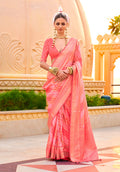 Monjolika Fashion Foil Print Peach Silk Ceremonial Saree | Grocsy