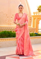Monjolika Fashion Foil Print Peach Silk Ceremonial Saree | Grocsy