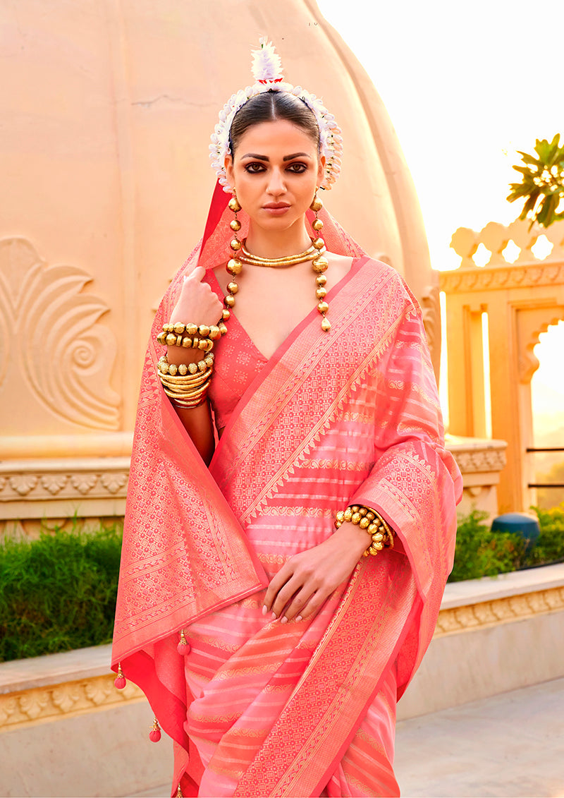 Monjolika Fashion Foil Print Peach Silk Ceremonial Saree | Grocsy