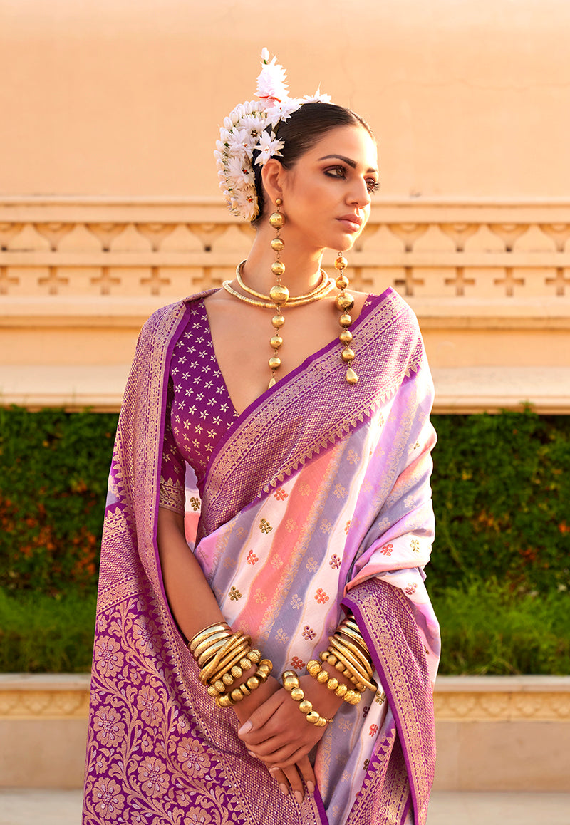 Monjolika Fashion Purple Silk Foliage Prints Contemporary Saree | Grocsy