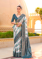 Monjolika Fashion Saree Foil Print Silk In Teal | Grocsy